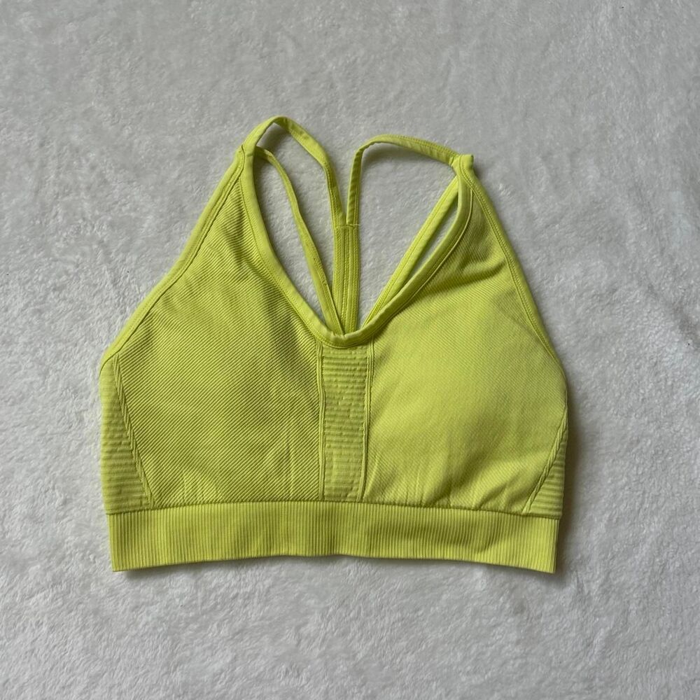 Neon green yellow sports bra textured fabric removable padding medium euc